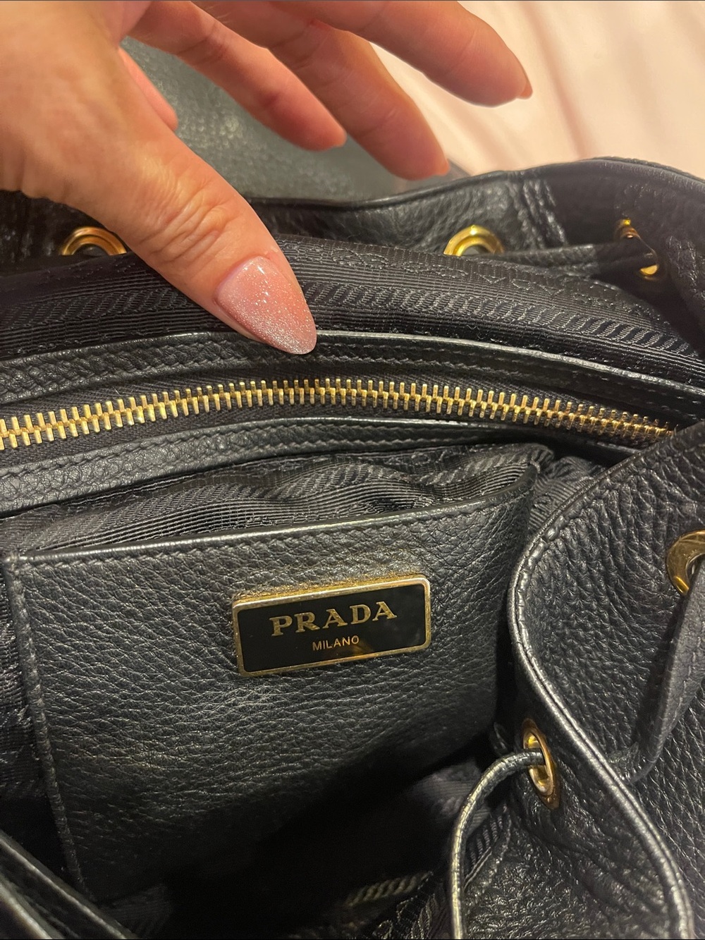 Prada Black Pebbled Leather Drawstring Backpack with Gold Hardware - Picture 4 of 6